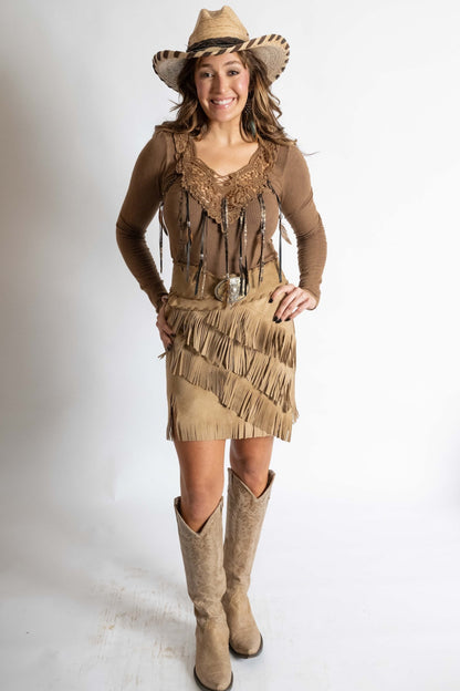 Lace Front Fringed & Feathered Corduroy Top