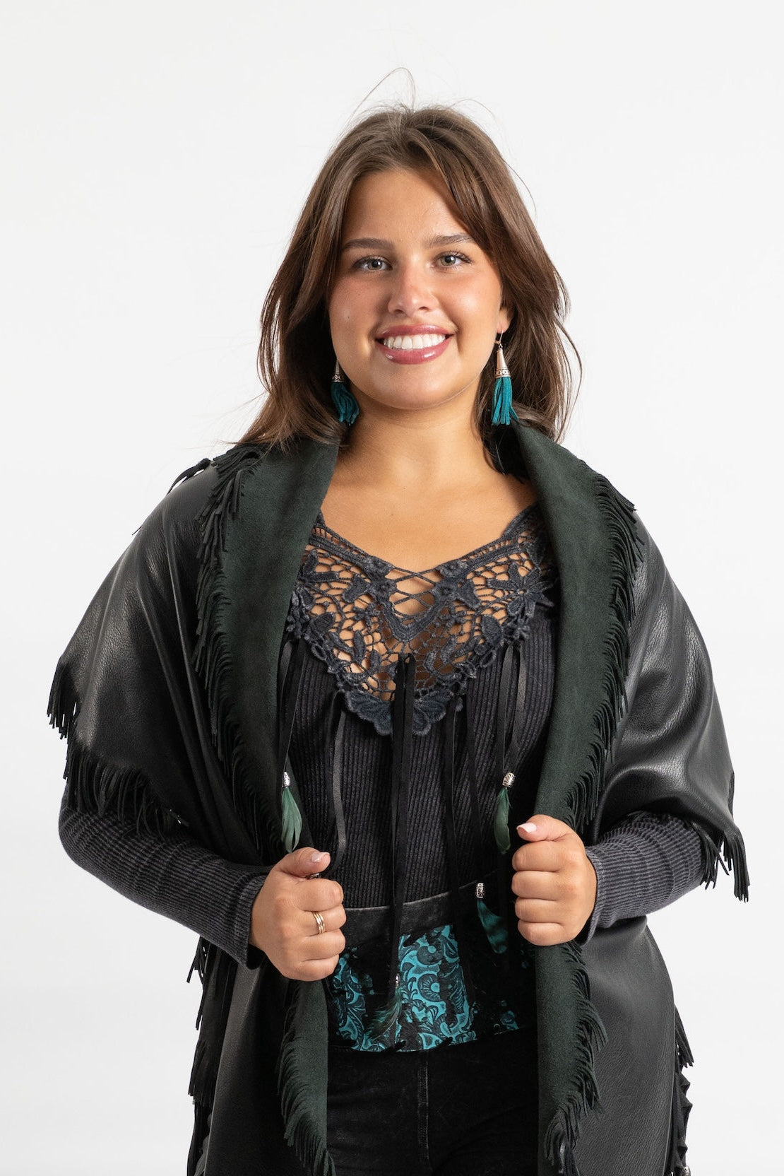 Lace Front Fringed & Feathered Corduroy Top