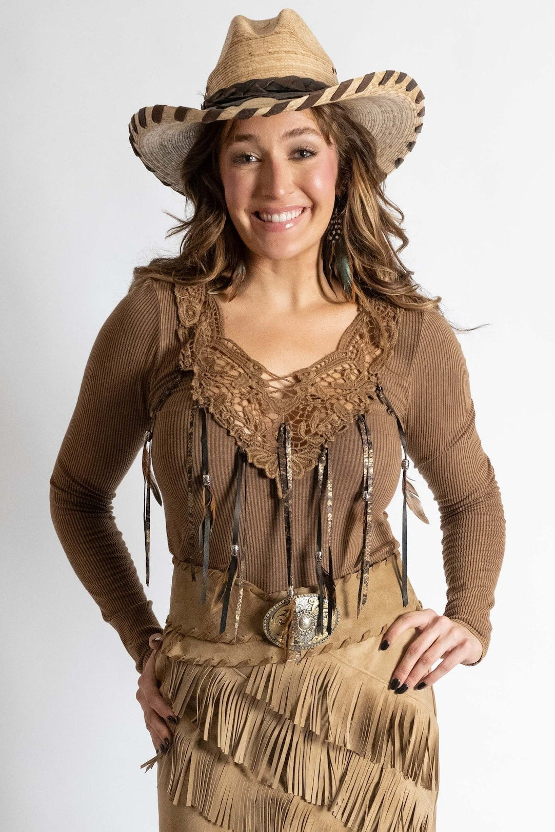 Lace Front Fringed & Feathered Corduroy Top