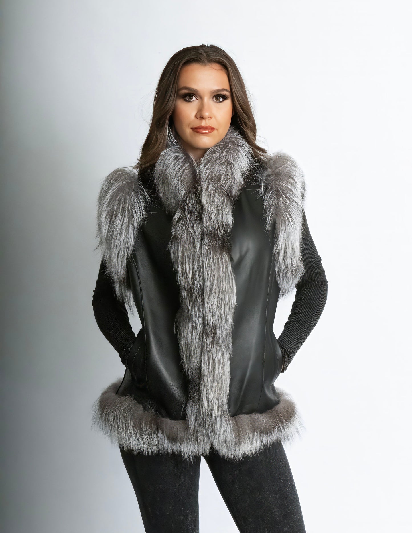 Black Lamb Leather Vest with Silver Fox Fur