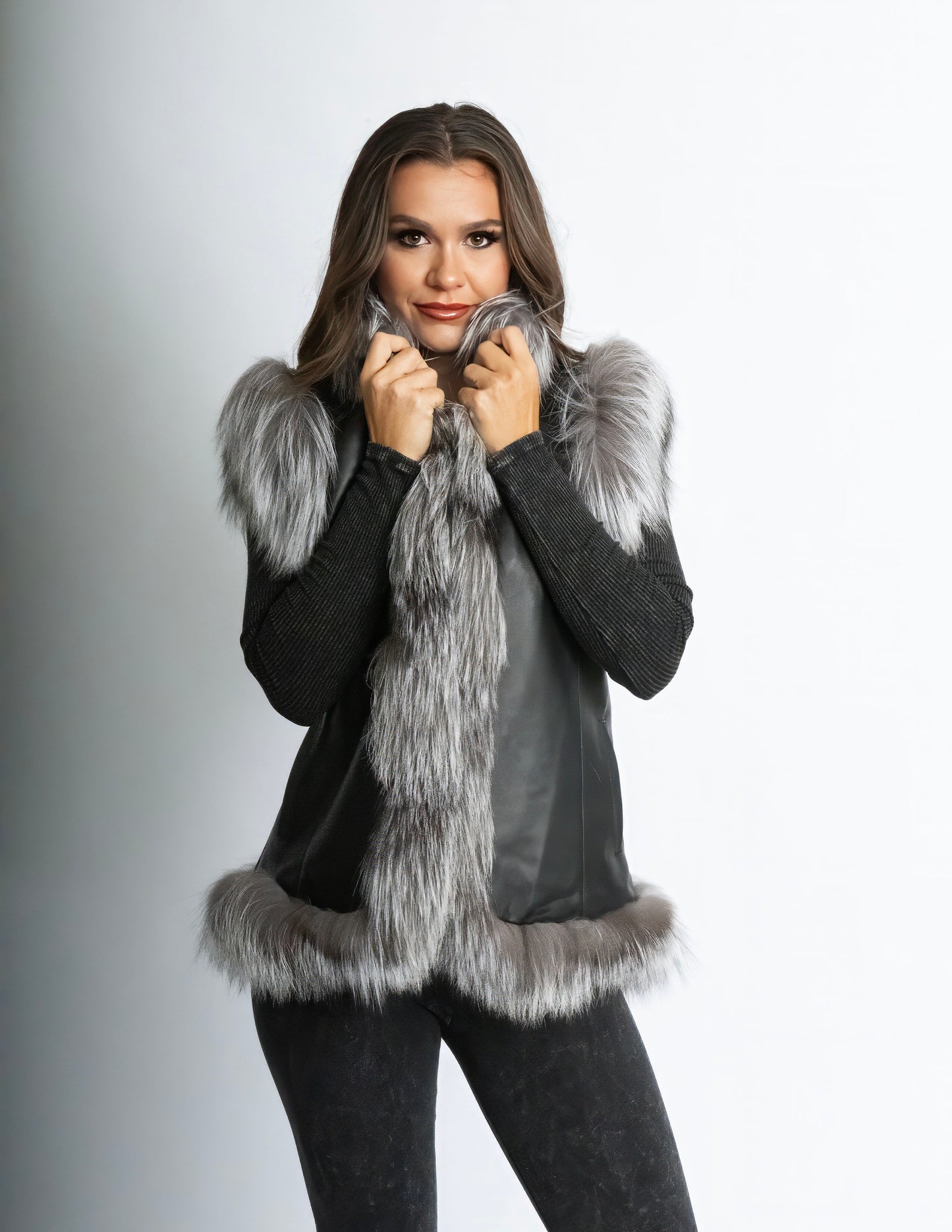 Black Lamb Leather Vest with Silver Fox Fur