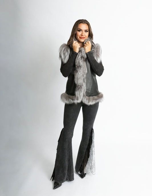 Black Lamb Leather Vest with Silver Fox Fur